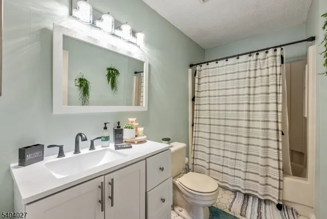 a bathroom with a sink a toilet and shower curtain