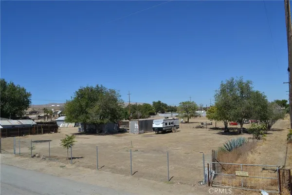 a view of a terrace with a bench and some trees