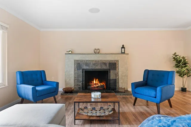 a living room with furniture and a fireplace