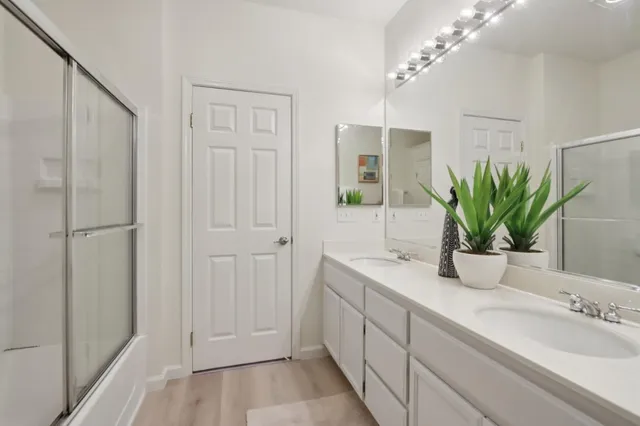 a bathroom with a sink a faucet a potted plant and a mirror