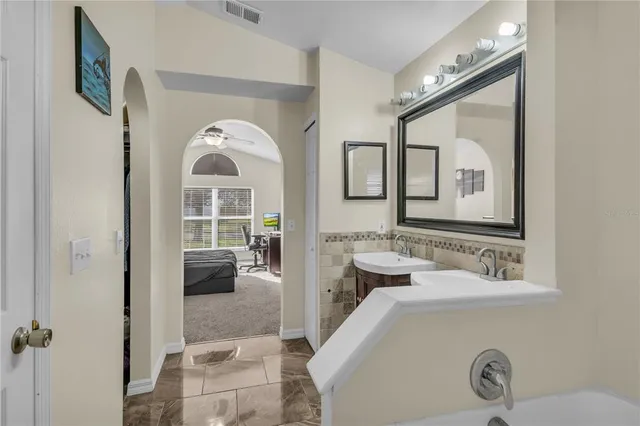 a bathroom with a sink and a mirror