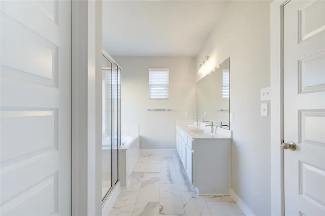 a bathroom with a double vanity sink mirror and shower