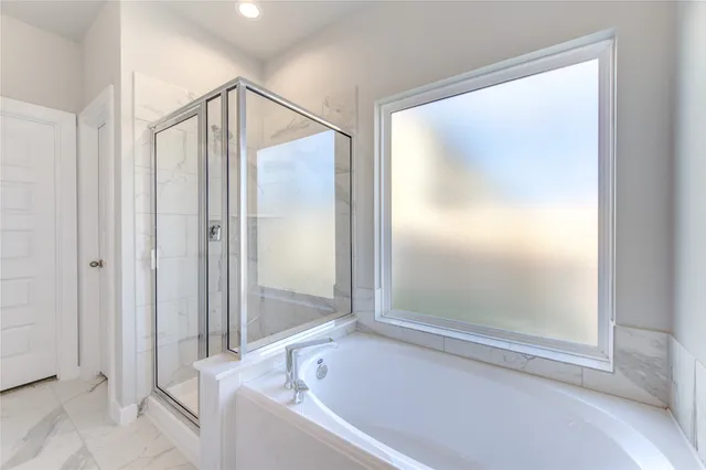 a bathroom with a bathtub and a shower
