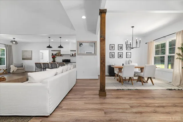 a living room with furniture and a table