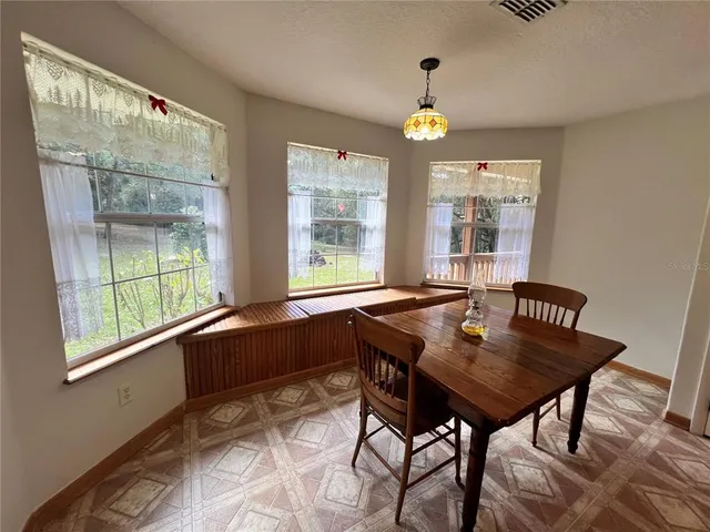 a view of a dining room with furniture window and outside view
