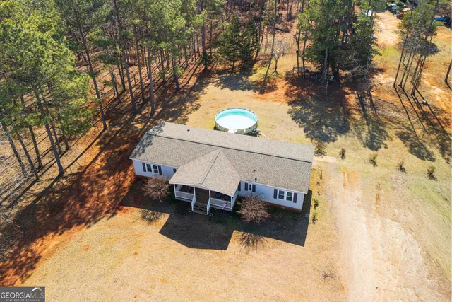an aerial view of fireplace and yard