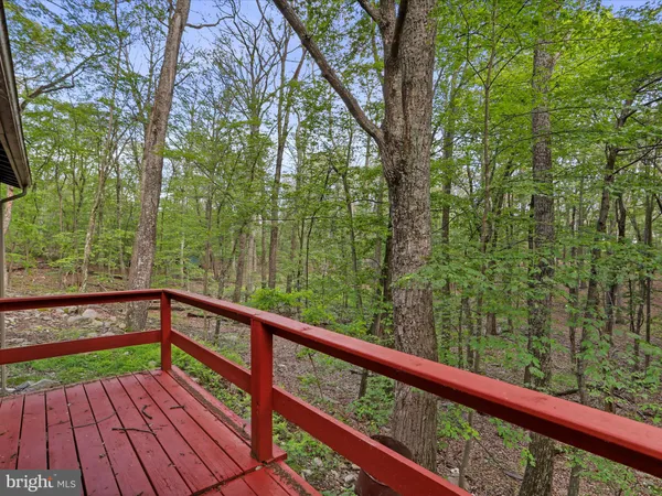 a view of trees and next to a balcony