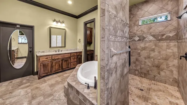 a bathroom with a sink a mirror and a shower