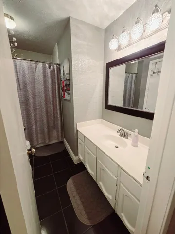 a bathroom with a sink a mirror and a shower