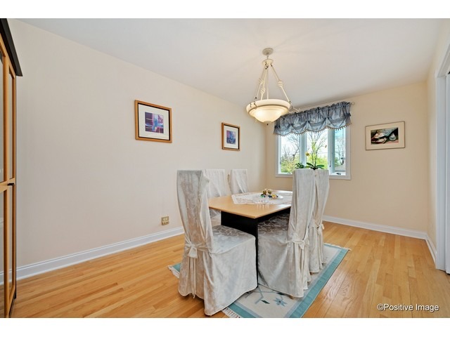 1019 North Delphia Avenue Park Ridge, IL 60068 - Photo 5 of 25 a dining room with wooden floor a chandelier a wooden table and chairs