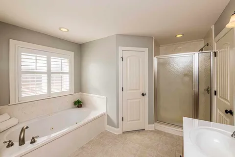 a bathroom with a tub a sink and a shower