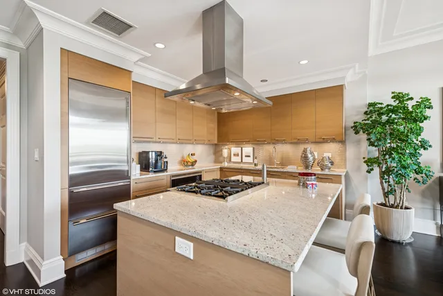 a kitchen with a refrigerator and a potted plant