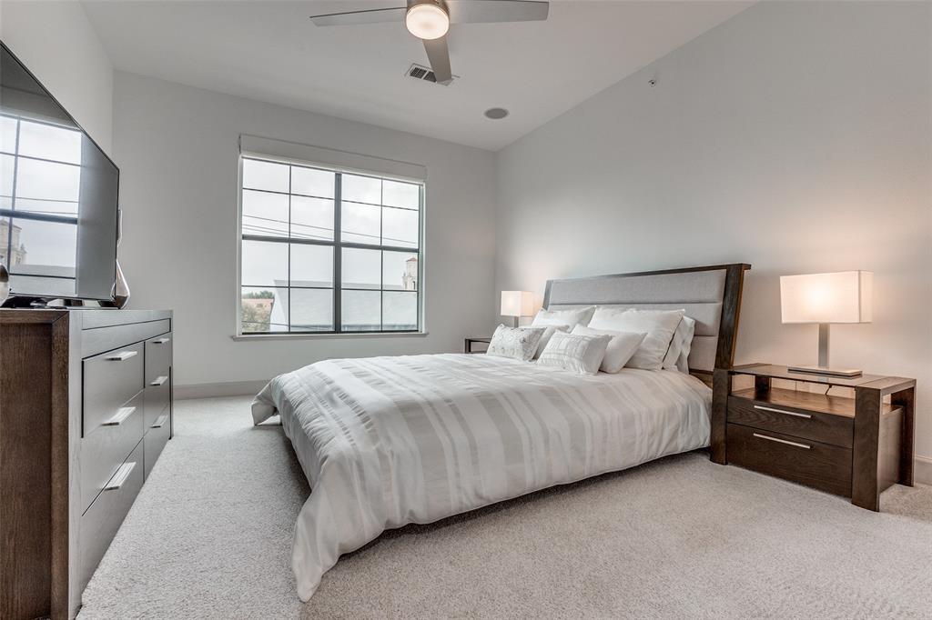 3818 Holland Avenue, Unit 309 Dallas, TX 75219 - Photo 12 of 24 a bedroom with a bed and a flat tv screen on a dresser