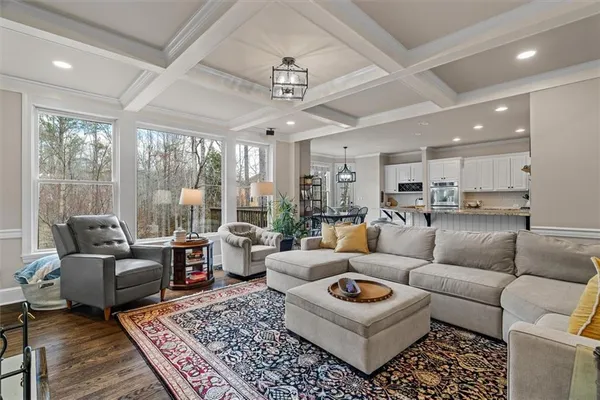 a living room with furniture and a rug