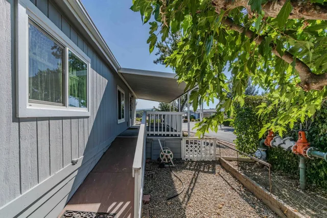 a porch with seating space