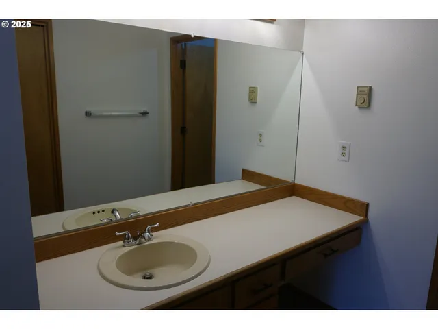 a bathroom with a sink vanity and a mirror