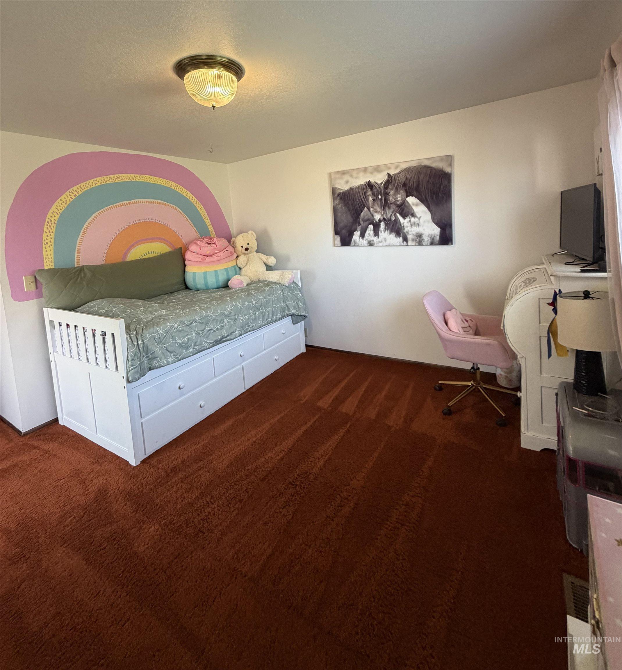 880 Jenkins Creek Road Weiser, ID 83672 - Photo 24 of 43 White walls with a decorative rainbow mural, brown carpeting, and a white built-in daybed with integrated storage drawers