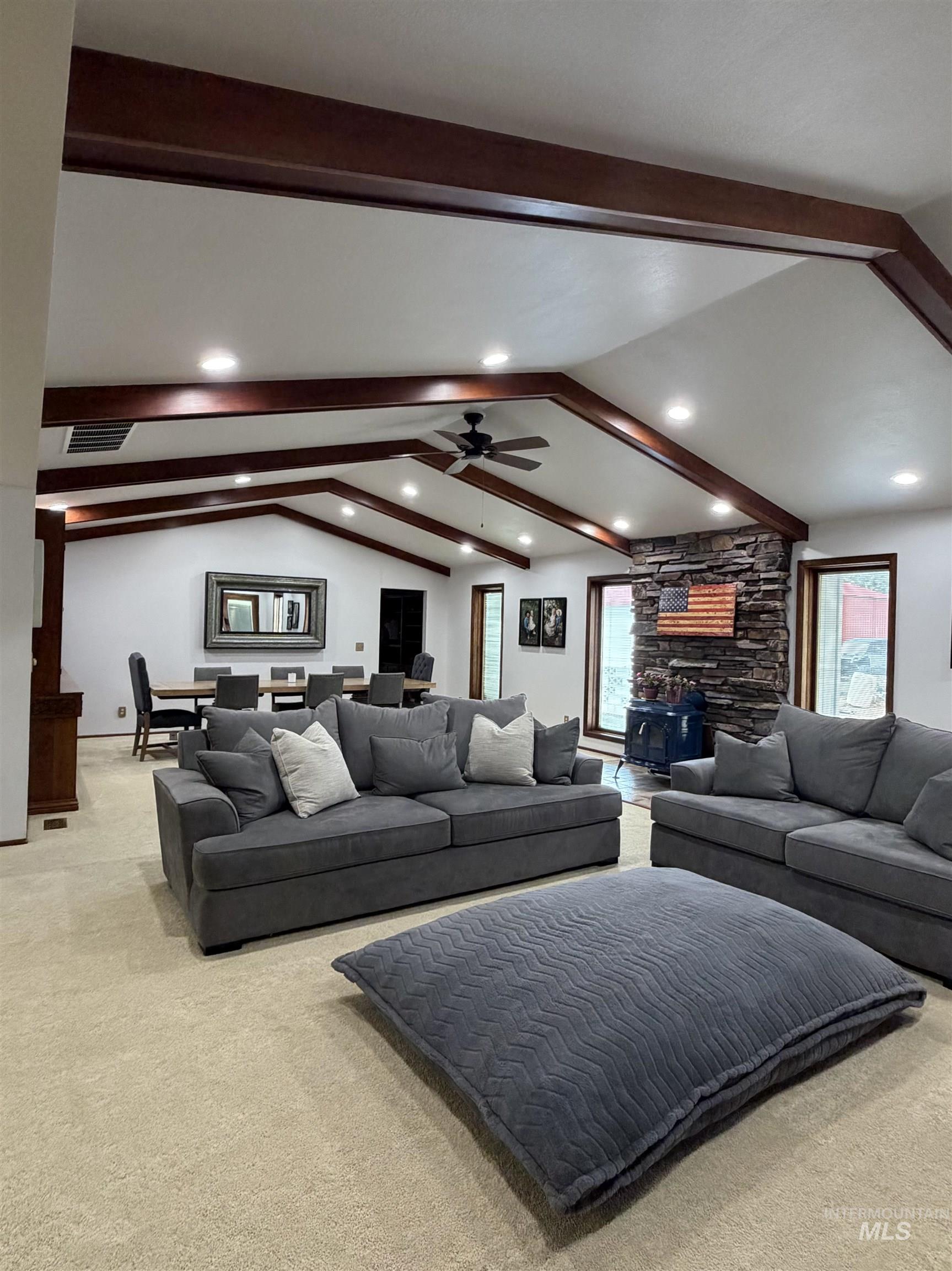 880 Jenkins Creek Road Weiser, ID 83672 - Photo 9 of 43 Vaulted ceiling with exposed wood beams and recessed lighting