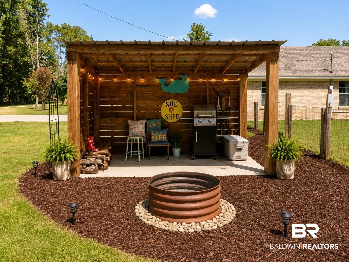 21733 Sedlack Road Silverhill, AL 36576 - Photo 6 of 22 Wood pergola with corrugated metal roof and string lighting