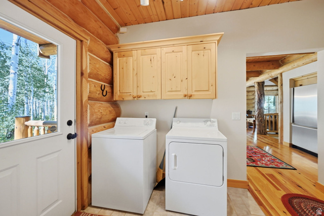 11192 Maple Road, Unit 7 Heber City, UT 84032 - Photo 20 of 51 Laundry area featuring overhead cabinetry, log wall construction, and a wooden ceiling