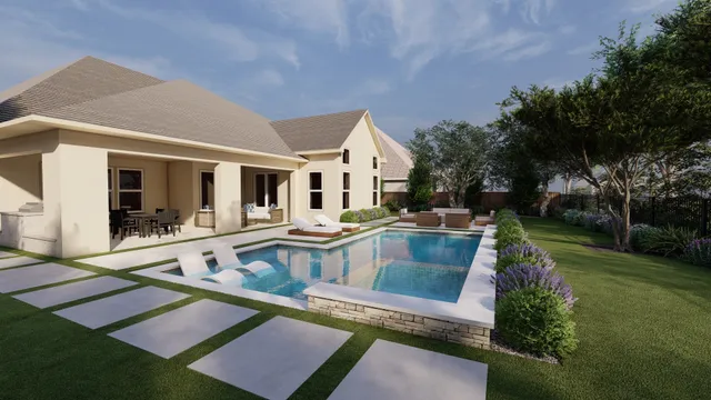 a view of a house with pool and chairs