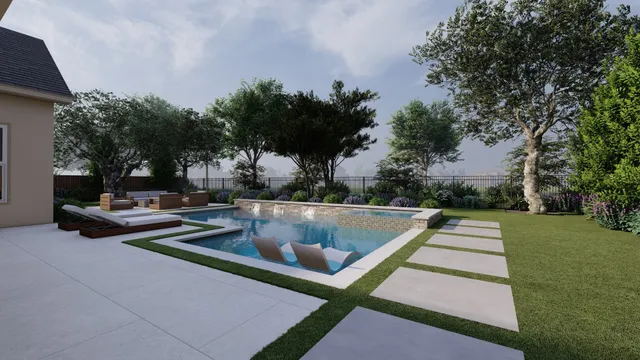 a view of swimming pool with seating space and trees in the background