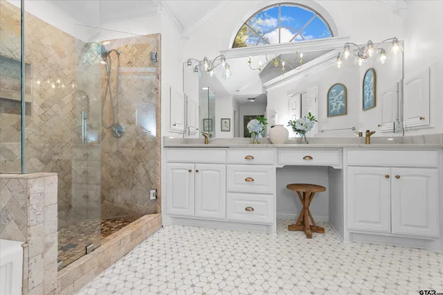 a bathroom with a sink a mirror and a shower