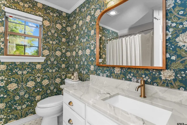 a bathroom with a granite countertop sink and a toilet