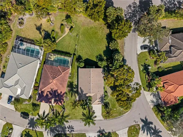 an aerial view of a house with a yard and potted plants