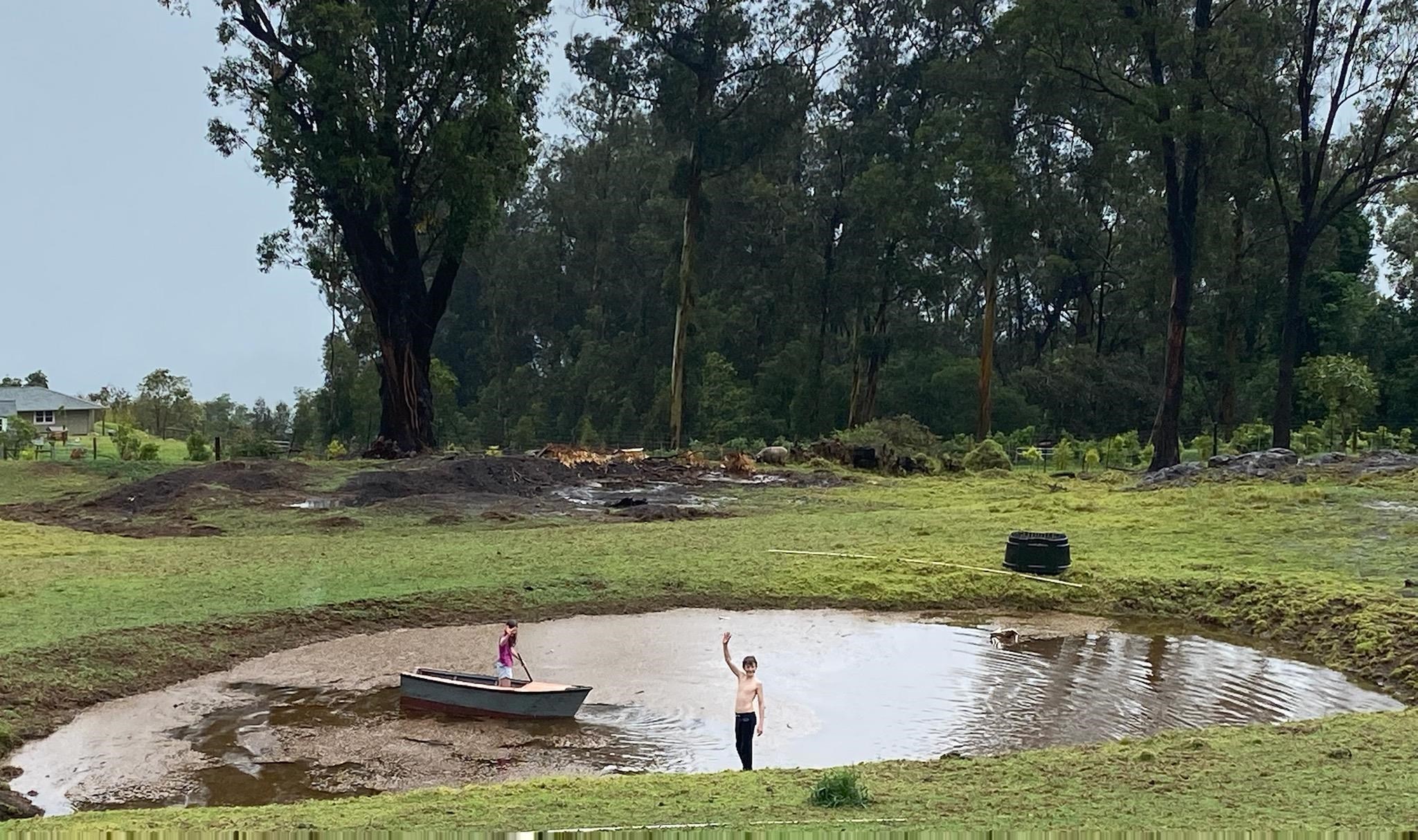 The pond fills during heavy rain providing boatloads of fun.