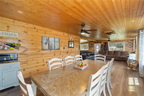 a view of a dining room with furniture