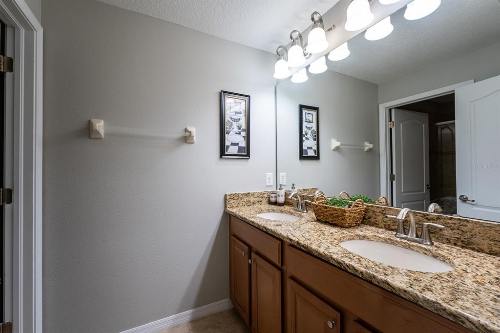 8957 Cat Palm Road Kissimmee, FL 34747 - Photo 24 of 25 a bathroom with a granite countertop sink a large mirror and a shower