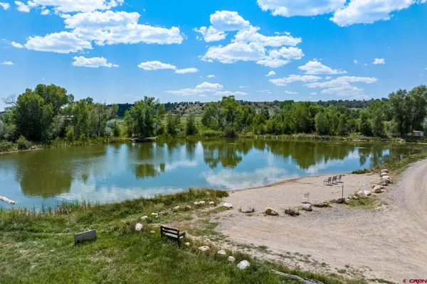 a view of a lake with a table and a potted plant