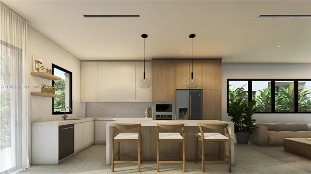 a kitchen with a white cabinets and outdoor view