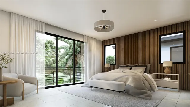 a bed room with a bed and a large window