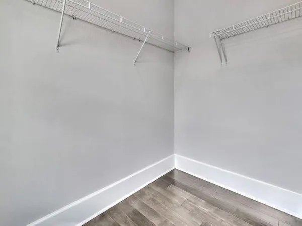 a view of a room with racks on the wall