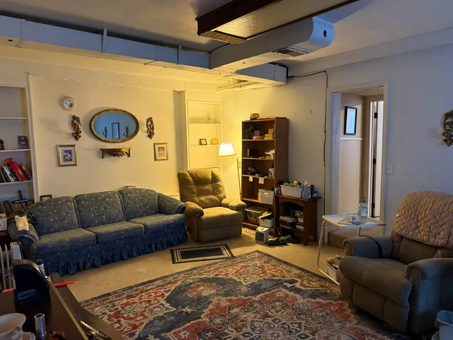 a living room with furniture and a rug