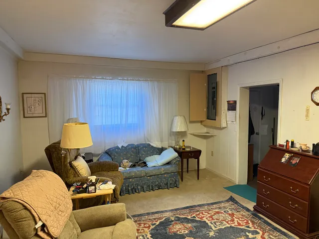 a living room with furniture flowerpot and a mirror