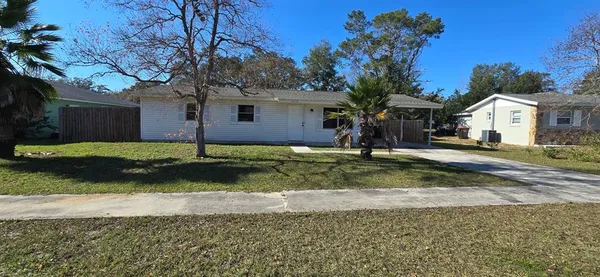 a view of a house with a yard and large tree