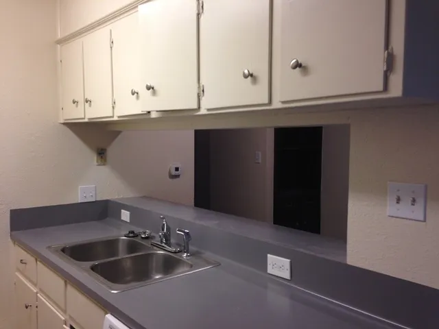 a kitchen with a sink and cabinets