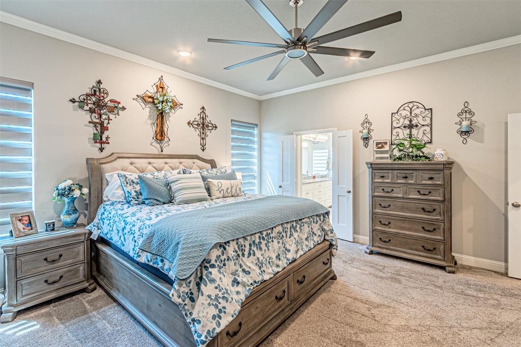 1009 Henry Way Springtown, TX 76082 - Photo 23 of 40 Bedroom featuring ornamental molding, light colored carpet, a ceiling fan, and connected bathroom