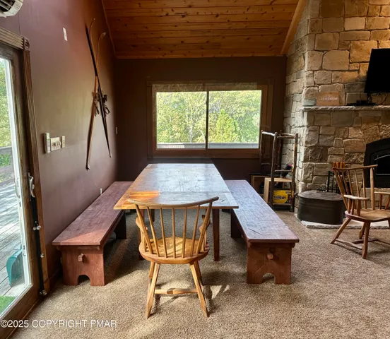 a outdoor dining space with furniture