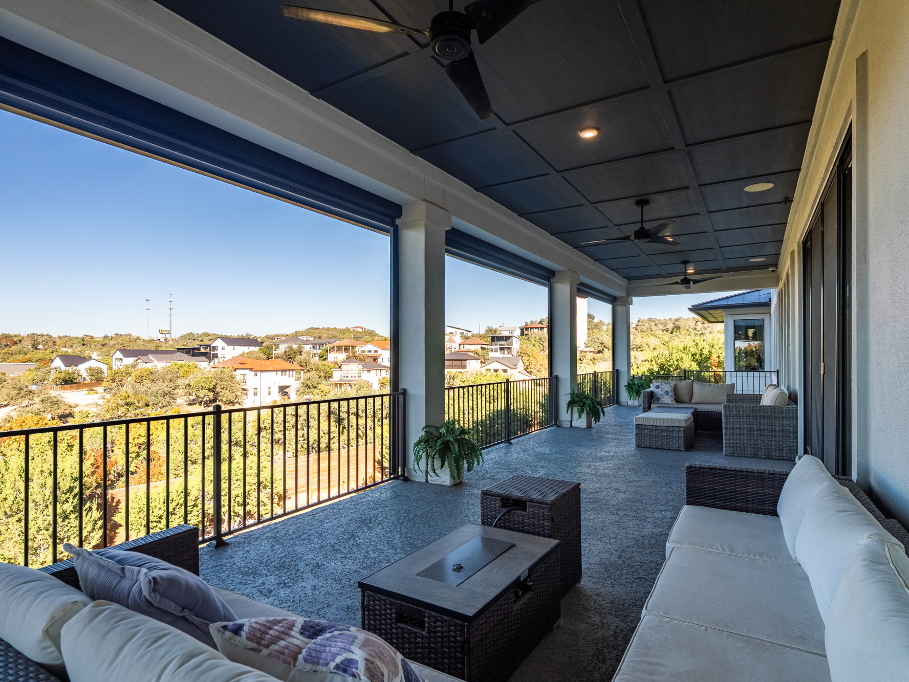 14900 Copper Ridge Lane Austin, TX 78734 - Photo 26 of 39 View of patio featuring an outdoor living space, a ceiling fan, and a residential view