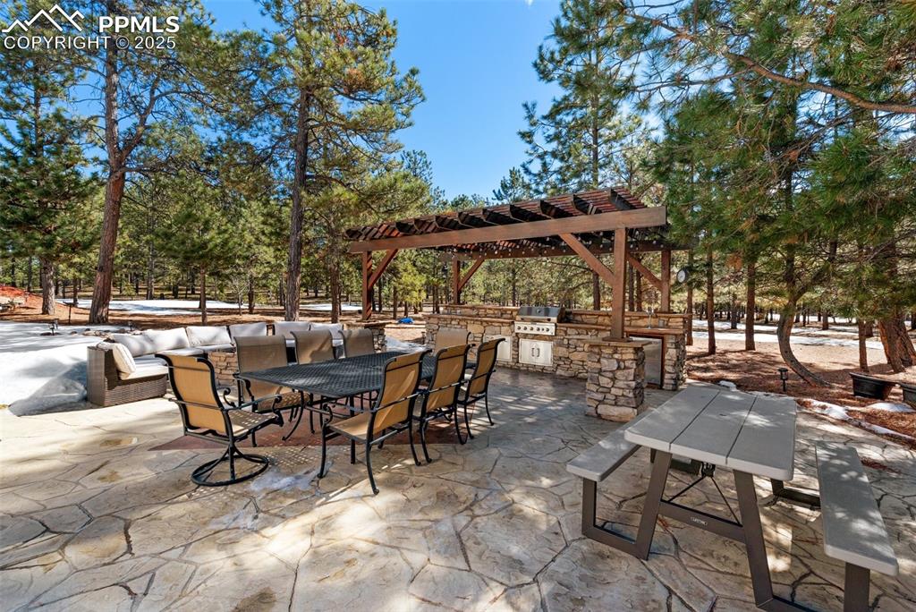17502 Abert Ridge View Colorado Springs, CO 80908 - Photo 43 of 50 View of patio / terrace with a grill, outdoor dining area, and an outdoor kitchen