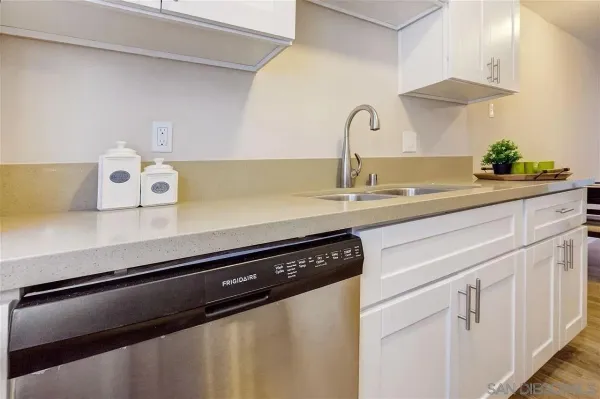 a close view of sink and cabinets