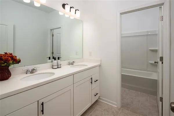 a bathroom with a double vanity sink a mirror and shower