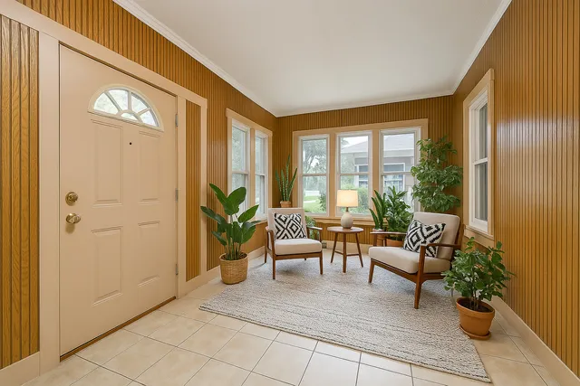 a living room with furniture and a potted plant