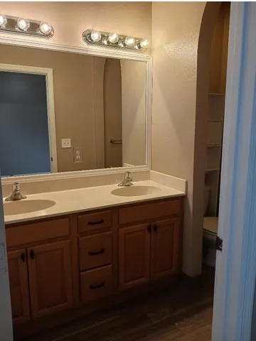 a bathroom with a sink and a mirror