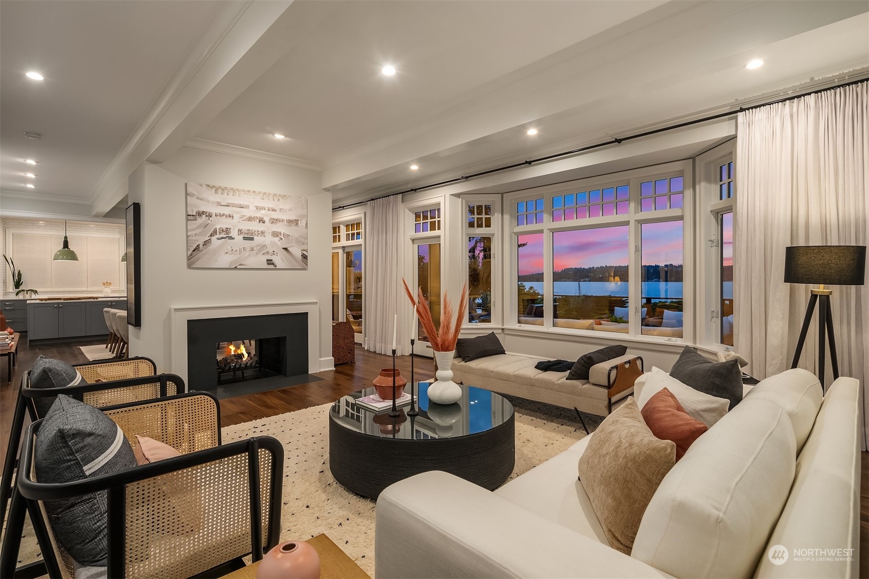 7270 North Mercer Way Mercer Island, WA 98040 - Photo 16 of 40 a living room with furniture fireplace and large windows