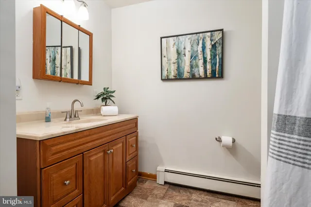 a bathroom with a sink and a mirror